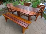 60" Bench with large rectangular pedestal patio table and standard club chairs